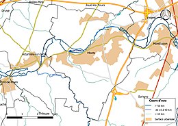 carte en couleurs représentant le réseau des cours d'eau d'un territoire.