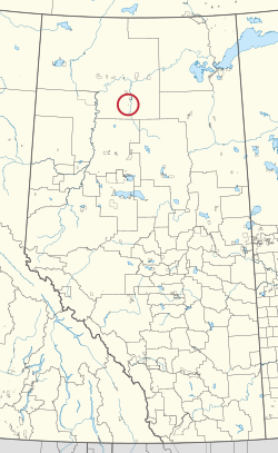 A map of the province of Alberta, showing 80 counties and 145 small Indian reserves. One is highlighted with a red circle.