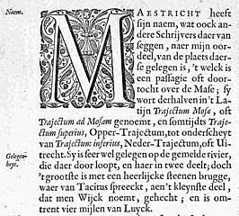 Verklaring van de naam Maastricht in het Stedenboek der Verenigde Nederlanden van Joan Blaeu (1649)