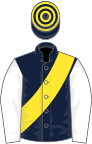 Dark Blue, Yellow sash, White sleeves, Dark Blue and Yellow hooped cap