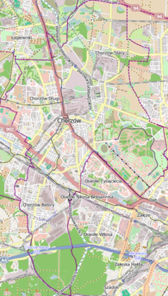 Mapa konturowa Chorzowa, w centrum znajduje się punkt z opisem „Park Śląski”