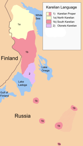 Karjalan kielen murrealueet (englanniksi) 1) varsinaiskarjala 1a) vienankarjala, eli pohjoiskarjala 1b) eteläkarjala 2) aunuksenkarjala, eli livvi