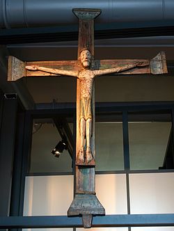 Krusifiks fra rundt 1150 fra Rinde stavkirke i Leikanger kommune, nå Historisk Museum i Bergen