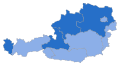 States in which the FPÖ is involved in the state government as a small coalition partner (dark blue) and in which the FPÖ is represented in the state parliament as an opposition party (light blue)