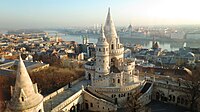 Fisherman's Bastion at the Castle Hill of old Budapest (Buda). Part of the fortification, city centre in the background.