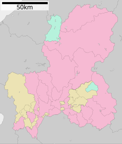 Mapa konturowa prefektury Gifu, na dole nieco na prawo znajduje się punkt z opisem „Mizunami”