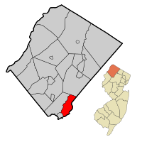 Map of Hopatcong Borough in Sussex County. Inset: Location of Sussex County in the State of New Jersey.