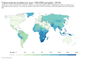 Bilangan kes baru tuberkulosis setiap 100,000 orang pada tahun 2016.[148]