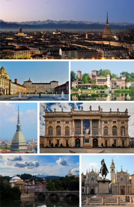 A collage o Turin: in the tap left is the Mole Antonelliana, followed bi a view o the ceity unner the snaw, the Piazza Vittorio Veneto, the Ryal Palace o Turin an the Museo del Risorgimento (Palazzo Carignano)