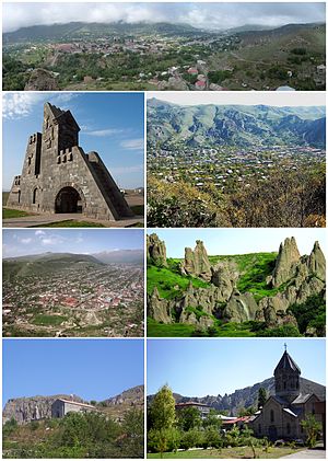 From top left: Panoramic view of Goris Goris gate • Zangezur Mountains around Goris Goris skyline • Settlement of old Kores Surp Hripsimé Basilica • Saint Gregory Cathedral