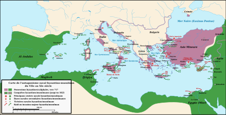 Carte des principales opérations et combats navals opposant les Byzantins et les Arabes entre le VIIe et le XIe siècle