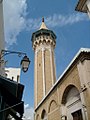 Die agthoekige minaret van die Hammouda Pacha-moskee in Tunis uit die 17de eeu.