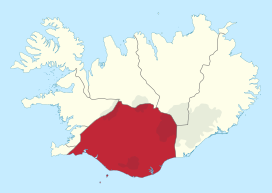 Ligging van Suðurland (rood) binnen IJsland