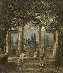 Vue d'un parc ombragé, avec des personnages vaporeux. Des arcades d'architecture renaissance en fond.