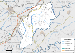 Carte en couleur présentant le réseau hydrographique de la commune