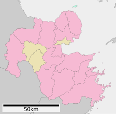 Mapa konturowa prefektury Ōita, po prawej znajduje się punkt z opisem „Usuki”