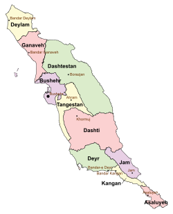 Location of Tangestan County in Bushehr province (center, yellow)