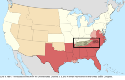 Map of the change to the United States in central North America on June 8, 1861