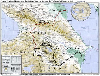 A map showing the 19th-century northwestern borders of Iran, comprising modern-day eastern Georgia, Dagestan, Armenia, and the Republic of Azerbaijan, before being ceded to the neighboring Russian Empire by the Russo-Iranian wars.