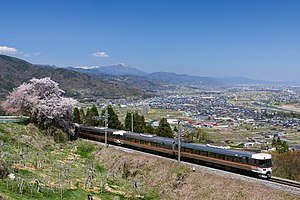 姨捨駅付近を走行する特急「しなの」