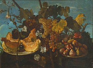 Stillleben mit Trauben, Feigen und Melone, Öl auf Leinwand, 74 × 98,5 cm, Museu Nacional d’Art de Catalunya, Barcelona