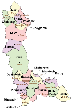 Location of Chaypareh County in West Azerbaijan province (top right, yellow)