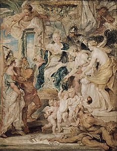 Primamalerei, Ölskizze. Peter Paul Rubens: Die Glückliche Regierung.