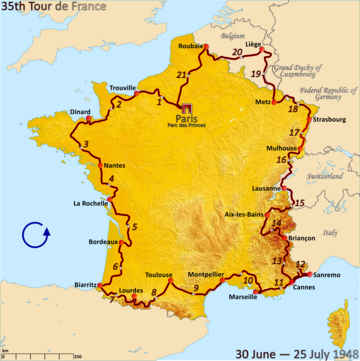 Route of the 1948 Tour de France followed counterclockwise, starting and finishing in Paris