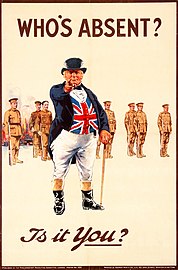 Cartaz de recrutamento britânico da Primeira Guerra Mundial apresentando a personificação nacional, John Bull, c. 1915. "Quem está ausente? É você?"