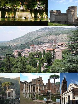 Left from top: Villa d'Este Fountain, Rocca Pia, View of Villa d'Este, Temple of Vesta, Hadrian's Villa, Tivoli Cathedral