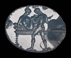 Engraving of a sexual scene on an ancient Greek gem. Late 5th to early 4th century BCE