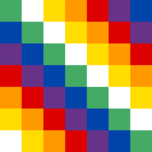 A 7x7 square patchwork of red, orange, yellow, white, green, blue, and violet in diagonal stripes. The longest stripe is green.