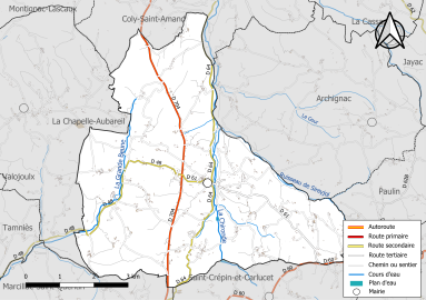 Carte en couleur présentant le réseau hydrographique de la commune