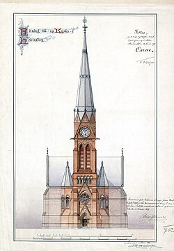 En färglagd ritning, gjord av Gustav Hermansson 1891, föreställande Gustav Adolfs kyrka i Helsingborg