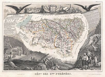 Pirinio Apalen mapa (1852). Ipar Euskal Herria bi barrutitan banatua: Baiona (Lapurdi) eta Maule (Baxenabarre-Zuberoa), hamahiru kantoi guztira