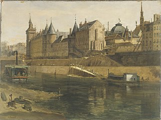 Adrien Dauzats, La Conciergerie pendant les travaux de reconstruction du Palais de Justice et vue du quai de l'Horloge, 1857.