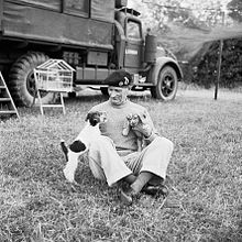 Le général Montgomery le 6 juillet 1944 avec ses jeunes chiens « Hitler » et « Rommel » à Blay où est installé son quartier général mobile pendant une partie de la bataille de Normandie. Derrière-lui, sa cage de canaris avec laquelle il voyage aussi.