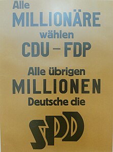 Plakat wyborczy SPD („Wszyscy milionerzy głosują na CDU–FDP. Wszystkie pozostałe miliony Niemców – na SPD”)