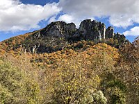 Rocky cliffs extending above a forested hill in fall colors