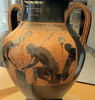 Ancient Greek palmettes on the Achilles and Ajax playing dice amphora, by Exekias, 550-525 BC, pottery, Vatican Museums