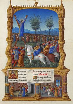 Szent András apostol vértanúsága, illusztráció a Très Riches Heures du Duc de Berry kódexből