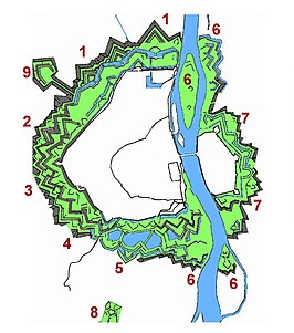 De buitenwerken van Maastricht met: 5 De Kommen; 4 Waldeckbastion; 6 Maasfortificaties; 8 Fort Sint Pieter