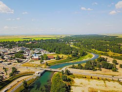 Aerial view photo taken of downtown High River Alberta in July 2017