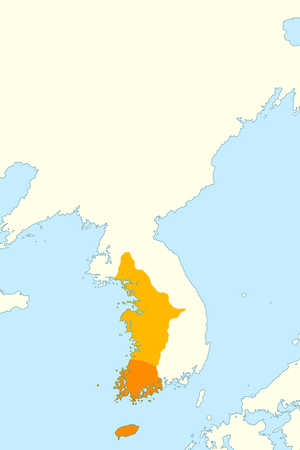 4세기경 백제의 강역.   백제의 직할령   백제의 세력권인 옛 마한 계열국 및 탐라