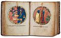 Miscellánea hebréu-francesa, c. 1278-98. La páxina de la derecha, foliu 521b, presenta un medallón con Abrahán a puntu de sacrificar a Isaac y l'ánxel deteniéndolo.