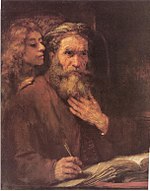 an oil painting, "The evangelist Matthew and the angel" by Rembrandt, 1661