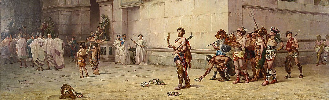 Perandori Komodus Duke Lënë Arenën në Kreun e Gladiatorëve (detaje) nga Edwin Howland Blashfield (1848–1936), Muzeu dhe Xhennete Hermitage, Norfolk, Virxhinia.