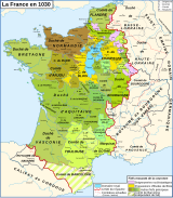 Les fiefs de France, dont la seigneurie souveraine de Déols et celle d'Issoudun (attestée depuis 984), en 1030.