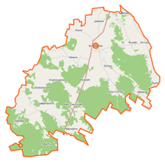 Mapa konturowa gminy Strachówka, po lewej nieco na dole znajduje się punkt z opisem „Kąty-Wielgi”