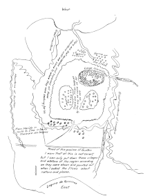 Un mapa rudimentario de lápiz y tinta que muestra tres islas en un lago. Texto escrito a mano está escrito en varios lugares en el mapa. «Oeste» está escrito en la parte superior y «Este» en la parte inferior. «Laguna de Términos» está escrito en la parte inferior. Una de las islas tiene texto que dice «gran isla o cayo». Un camino, trazado hacia la derecha de la página, está etiquetado como el camino desde Verapaz. Pequeños círculos dispersos dibujados hacia el extremo superior del lago, son marcados como fincas de los itzaes. Un parche es nombrado como Yolom. Las palabras «Grandes Montañas» están escritas en la parte superior izquierda; Una nota dice: «Aquí nos perdimos y atravesamos todas estas montañas hasta que llegamos donde nos estaban buscando». Una etiqueta en la margen izquierda dice «Montañas de Yucatán». En la parte inferior izquierda hay otra nota que dice «De Mérida en el norte a Itza en el sur hay 150 leguas». «Río Usumacinta» está escrito a lo largo del borde derecho. Más allá está escrito «grandes montañas de piedra caliza». Una nota al pie explica «Camino de la provincia de Guatem. Les advierto que todo esto no es correcto, pero solo puedo poner estos pueblos y estaciones de la región como fueron mostrados y señalados cuando pregunté los itzaes acerca de naciones y lugares».